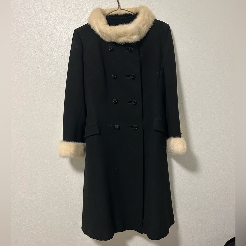 1960s Black Wool Dress Coat with White Mink Fur Trim and Mink Cuffs -Fully Lined